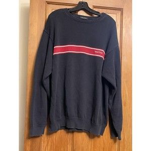 Nautica Mens Knit Sweater Spellout Logo Size XL Navy Blue Red Stripe 90’s